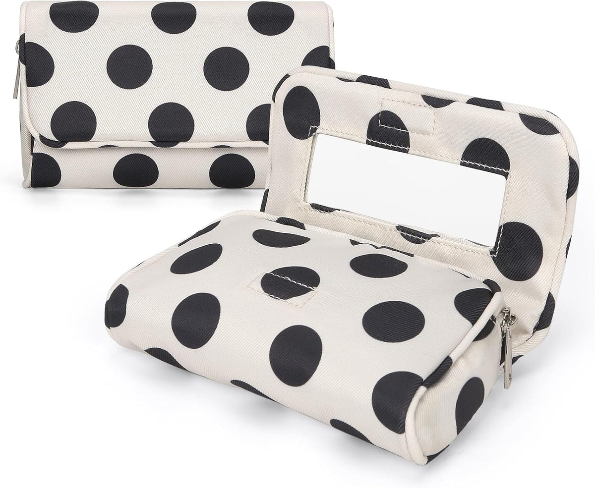 Estuche de Maquillaje Portátil de Tela Polka Dot, con Espejo Incorporado